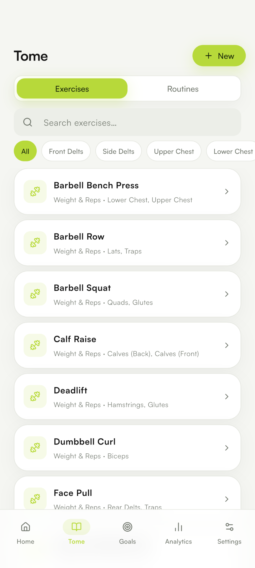 Tome Fitness home screen