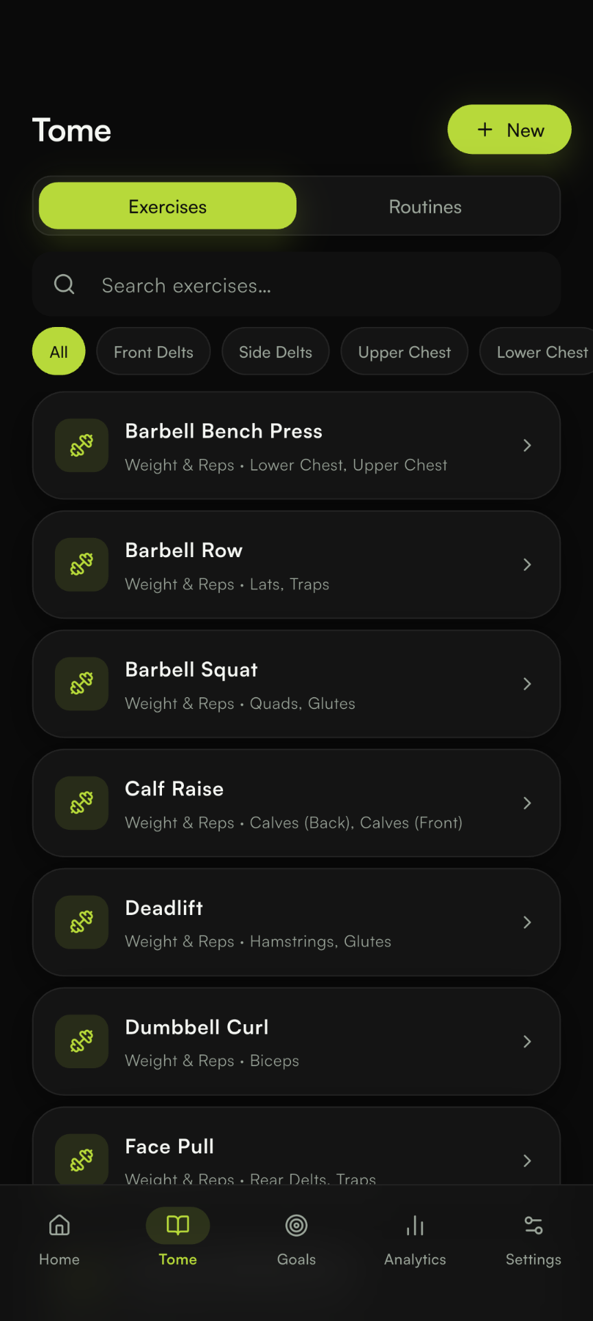 Tome Fitness home screen